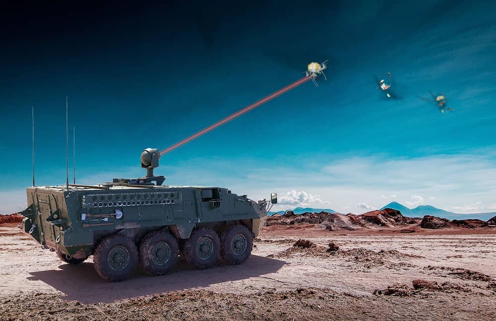 Artist’s rendition of a Stryker vehicle with mounted HEL system shoots down UAS