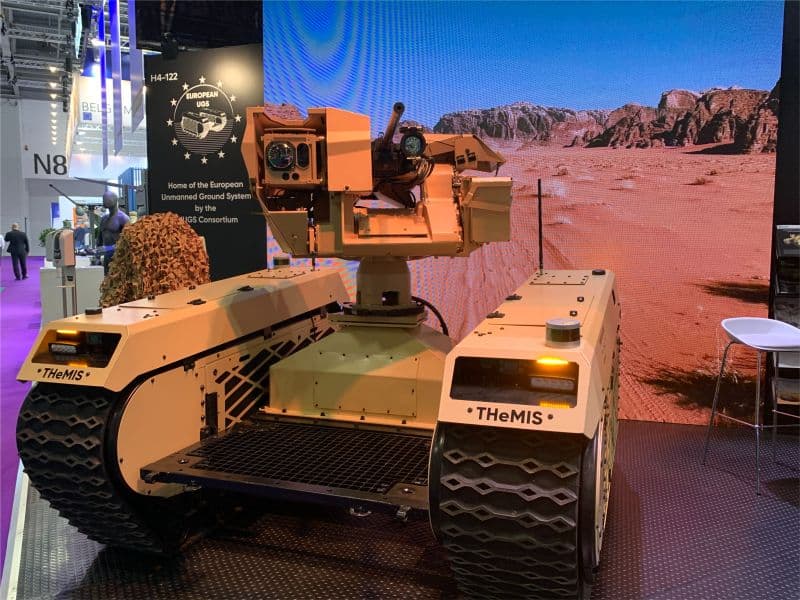 Military UGV with Remote Controlled Weapon System Displayed at DSEI