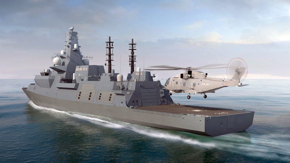 A graphic of HMS Glasgow at sea with a Merlin