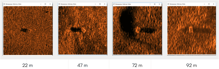 Lobster pots observed at different ranges using Solstice