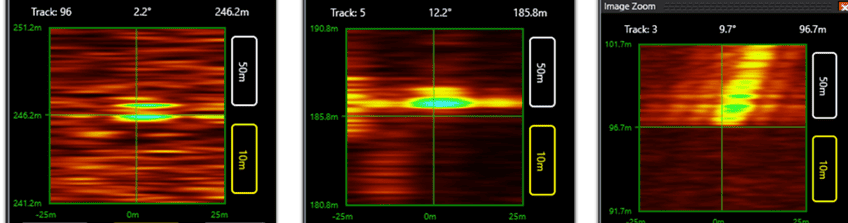 Full Aperture Zoom classification of rebreather (left), AUV (center) and scuba (right)